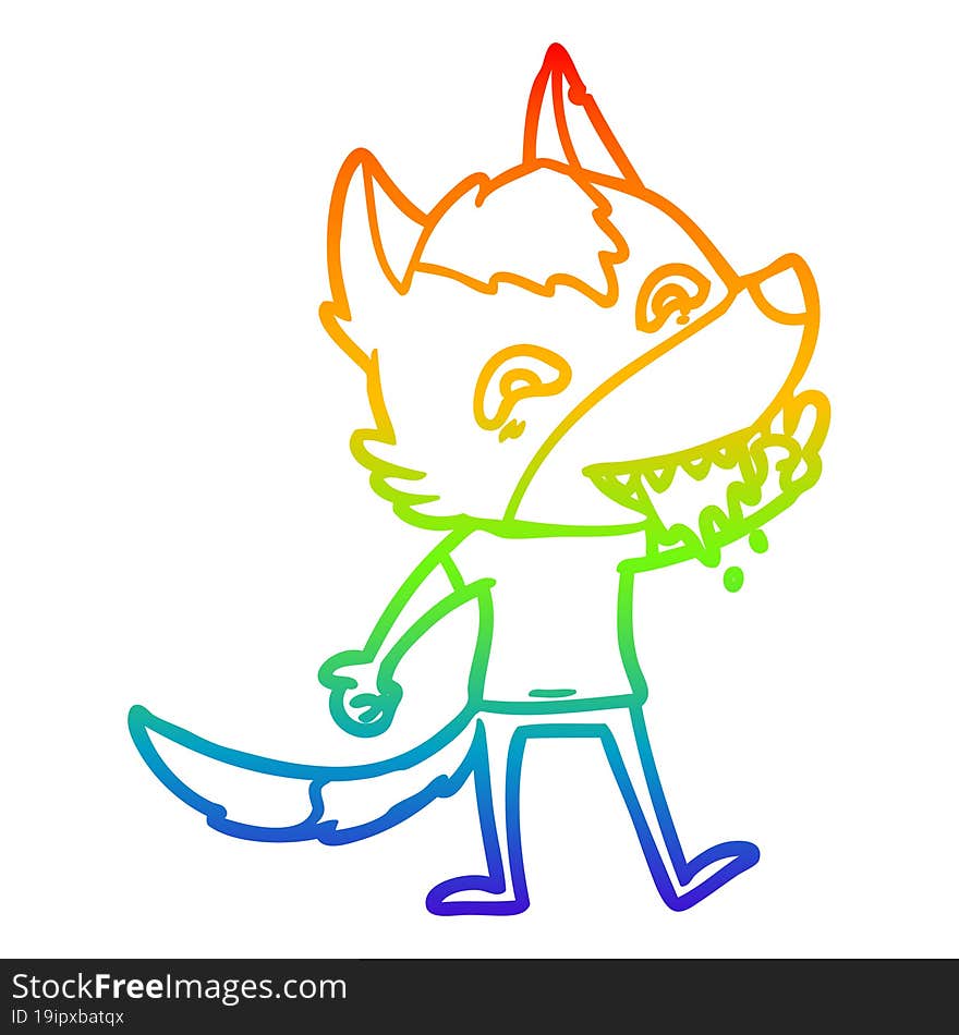 rainbow gradient line drawing of a cartoon hungry wolf