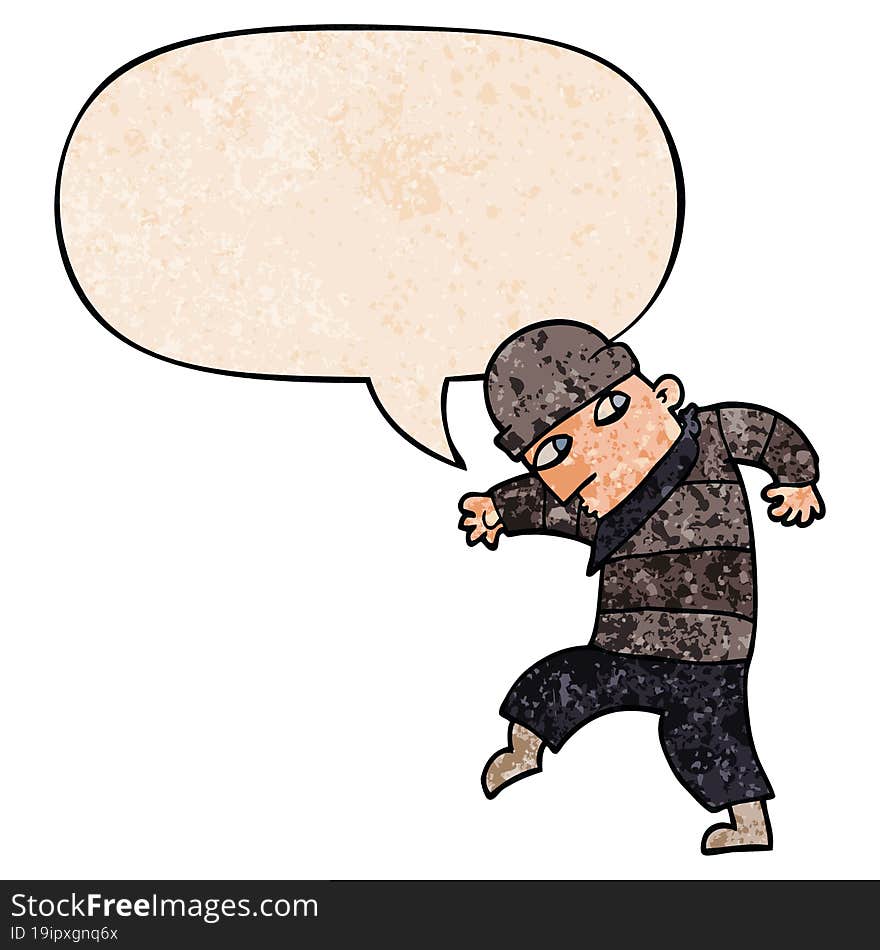 cartoon sneaking thief with speech bubble in retro texture style