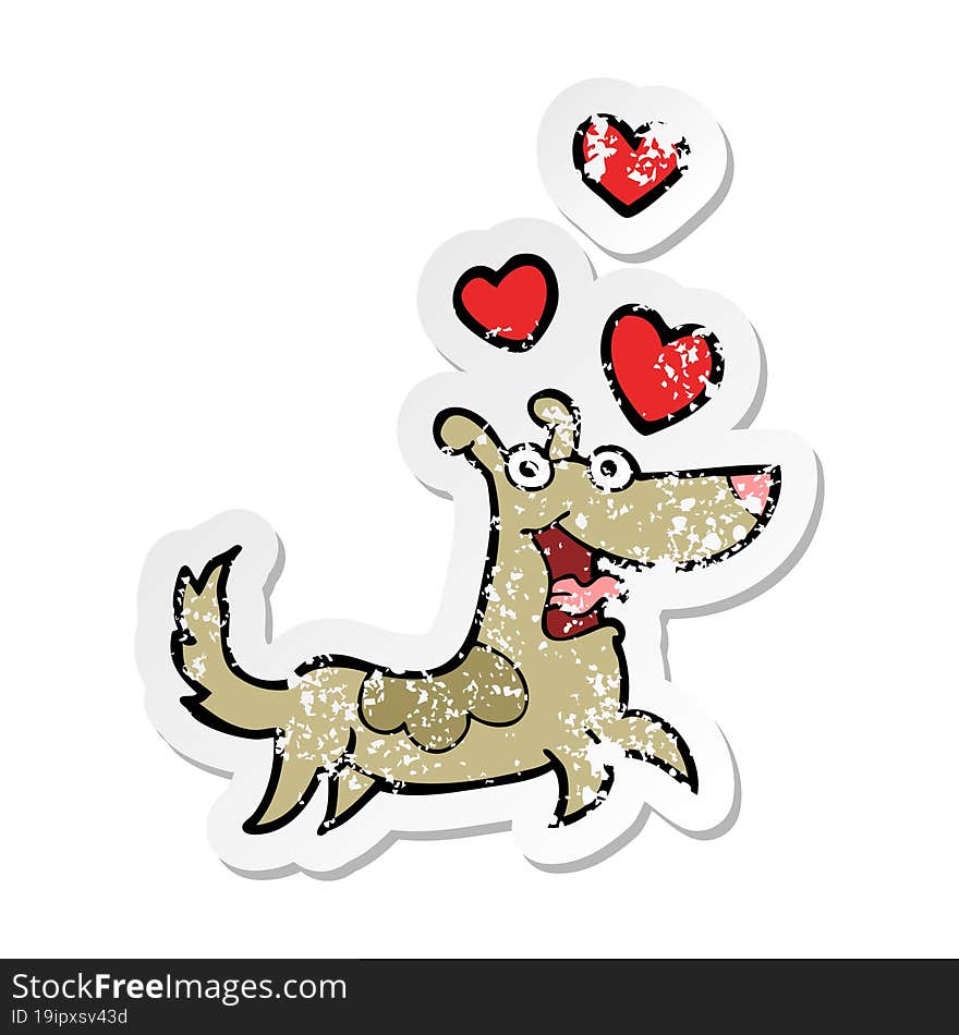 distressed sticker of a cartoon dog with love hearts