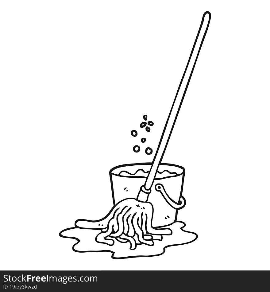 black and white cartoon mop and bucket