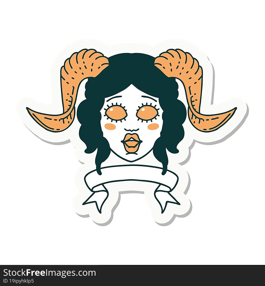 tiefling character face with scroll banner sticker