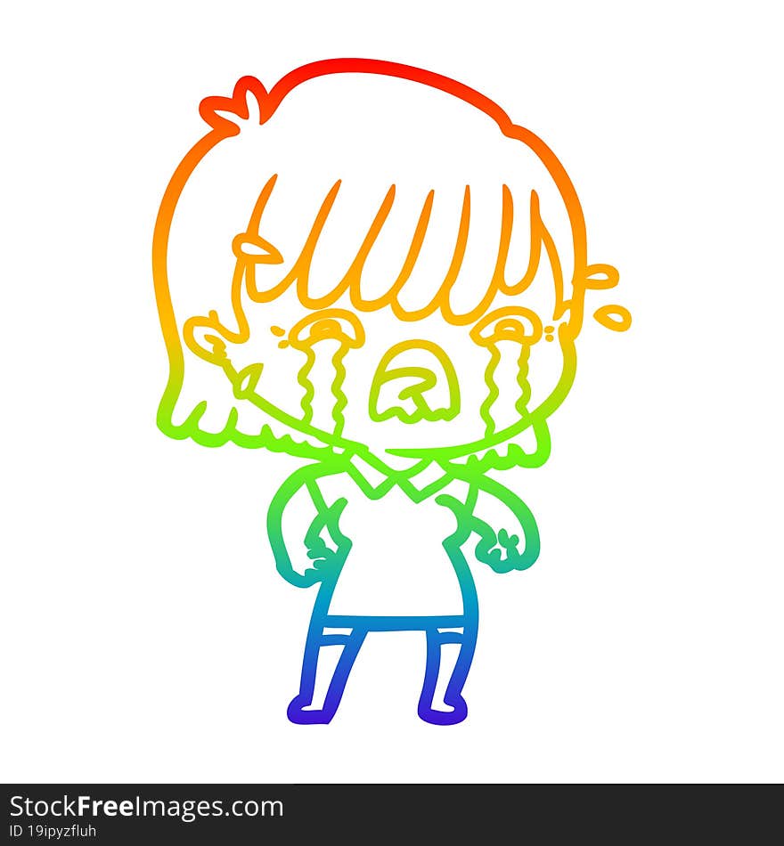 rainbow gradient line drawing of a cartoon girl crying