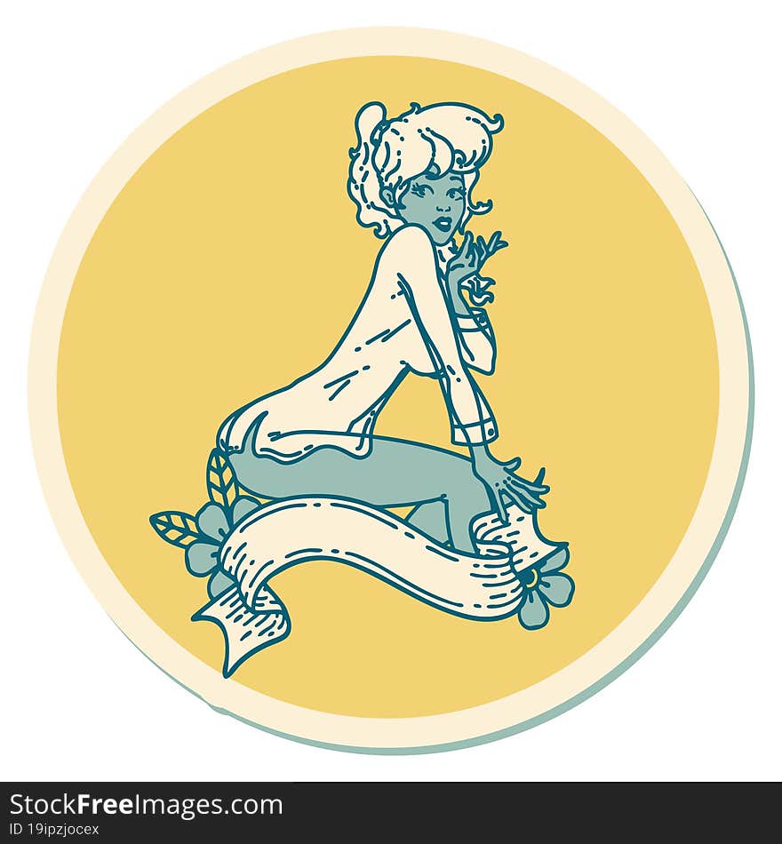 tattoo style sticker of a pinup girl wearing a shirt with banner