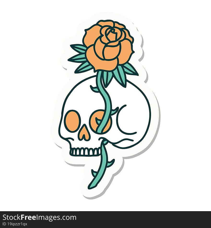 sticker of tattoo in traditional style of a skull and rose. sticker of tattoo in traditional style of a skull and rose