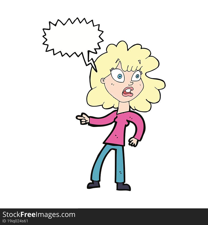 cartoon worried woman pointing with speech bubble