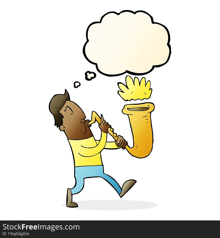 cartoon man blowing saxophone with thought bubble