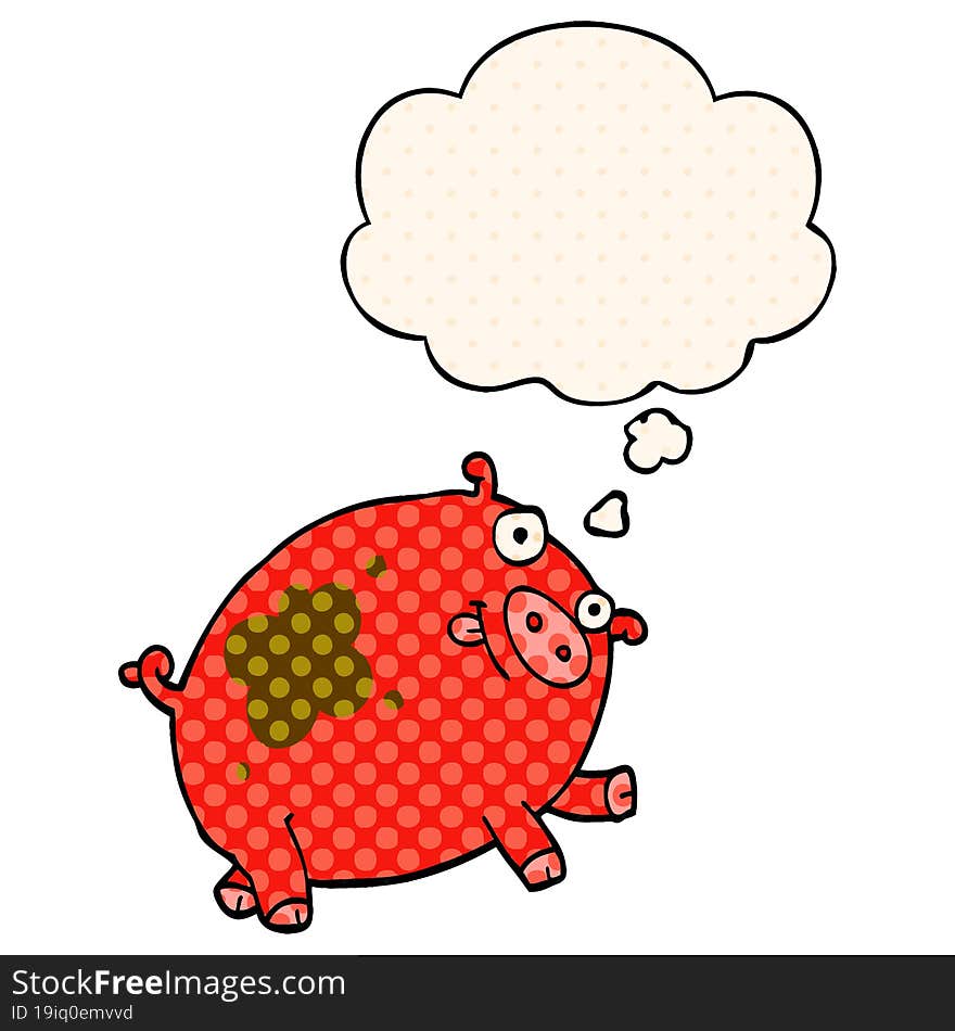 cartoon pig and thought bubble in comic book style