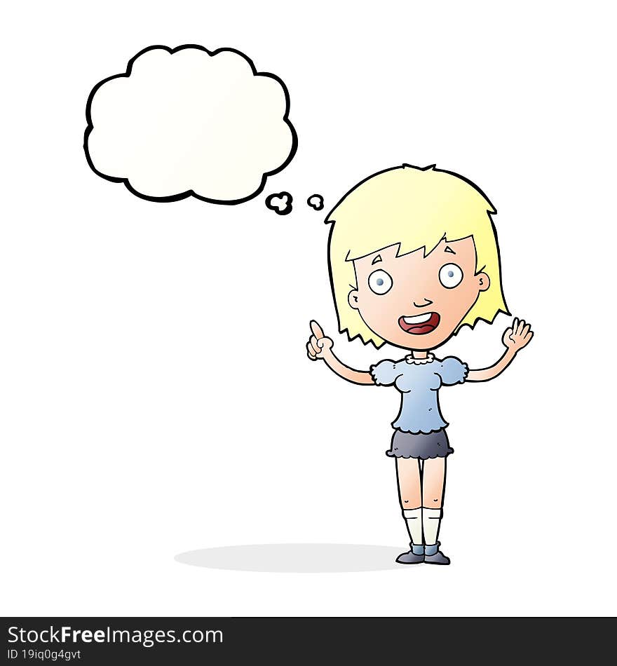 cartoon woman pointing with thought bubble