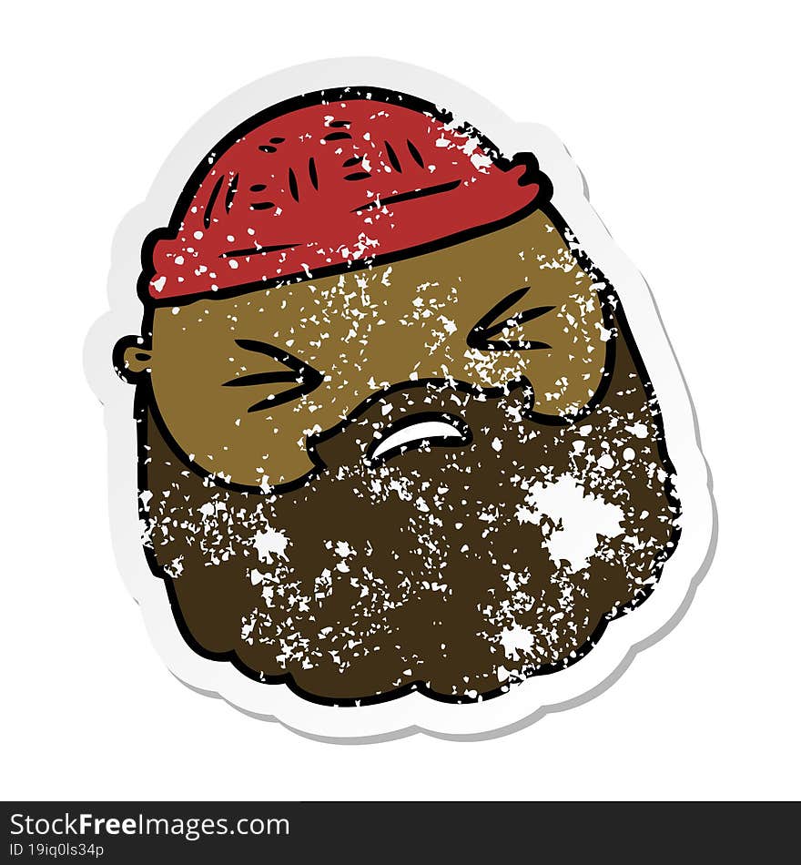 distressed sticker of a cartoon male face with beard