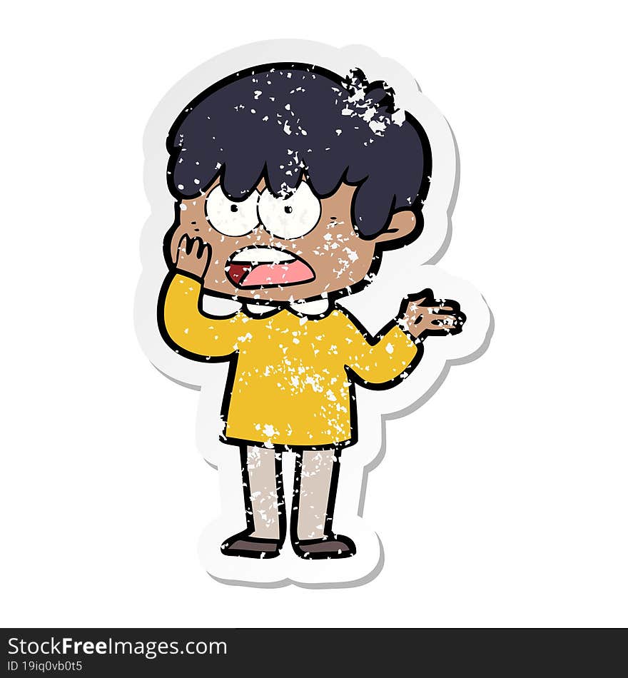 distressed sticker of a worried cartoon boy