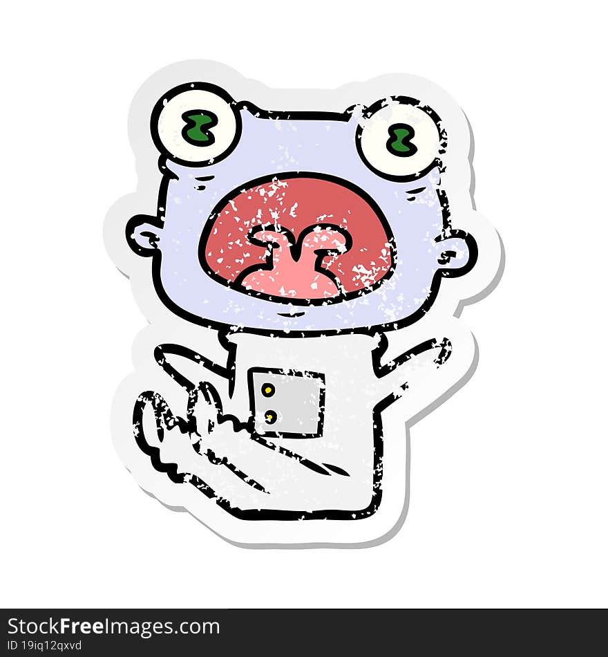 distressed sticker of a cartoon weird alien shouting