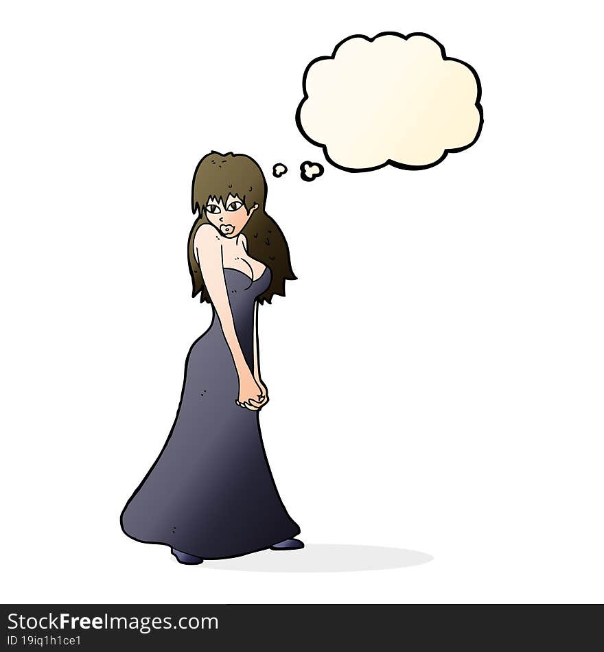 cartoon pretty woman in dress with thought bubble