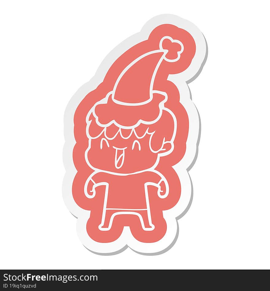 cartoon  sticker of a laughing boy wearing santa hat