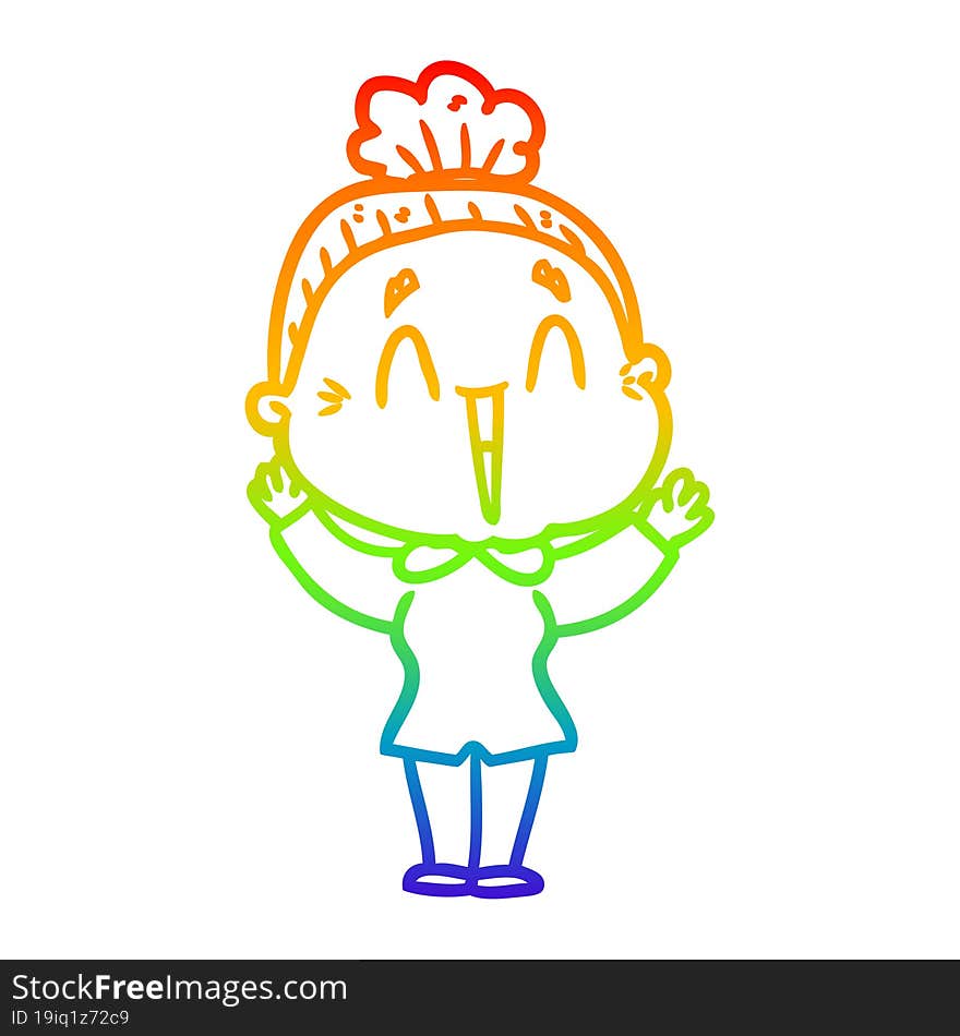 rainbow gradient line drawing of a cartoon happy old lady