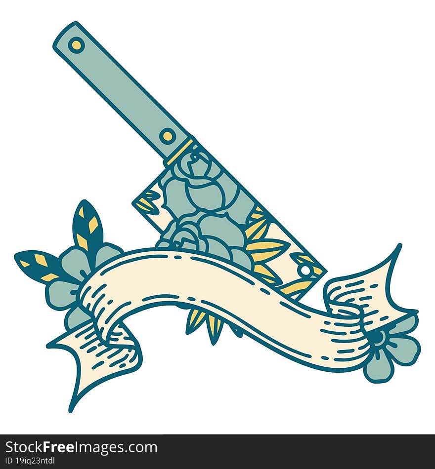 tattoo with banner of a cleaver and flowers