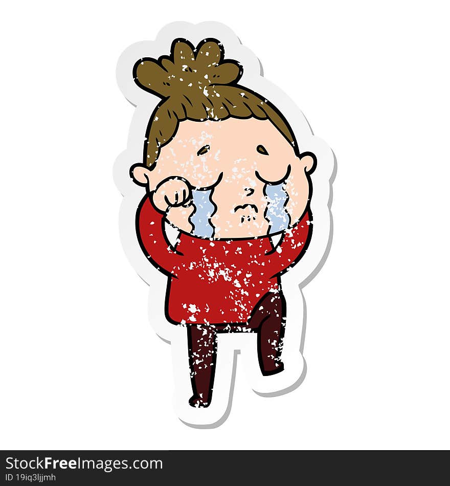 distressed sticker of a cartoon crying woman