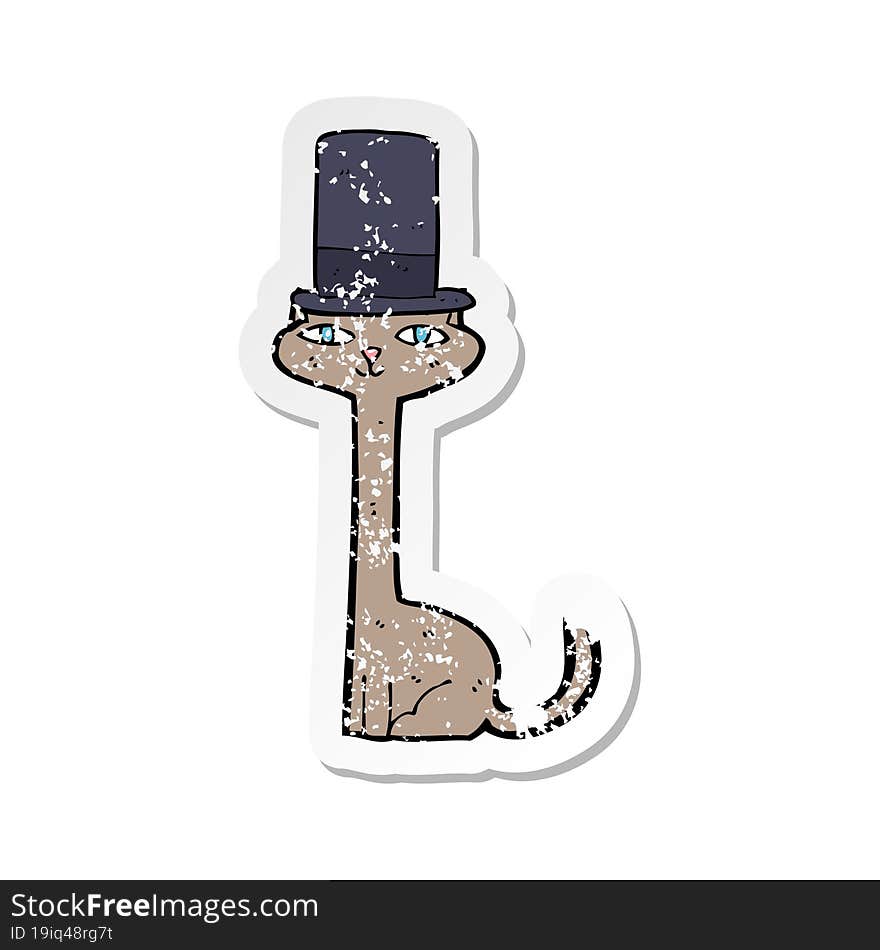 retro distressed sticker of a cartoon cat in top hat