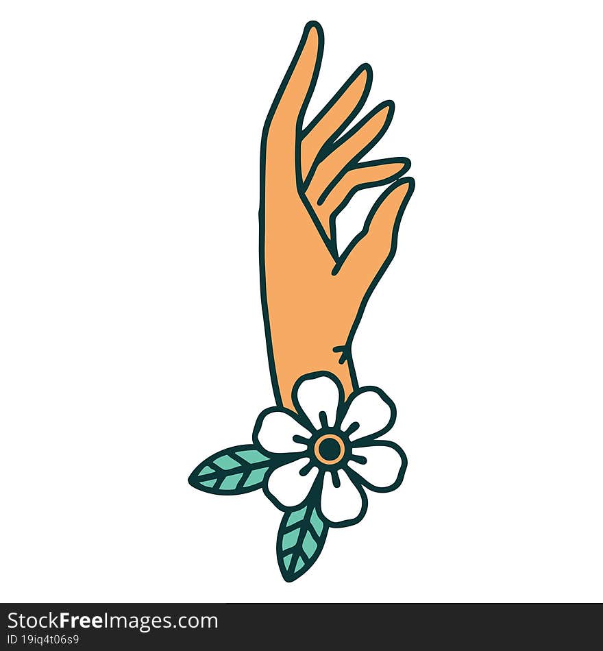 iconic tattoo style image of a hand and flower. iconic tattoo style image of a hand and flower