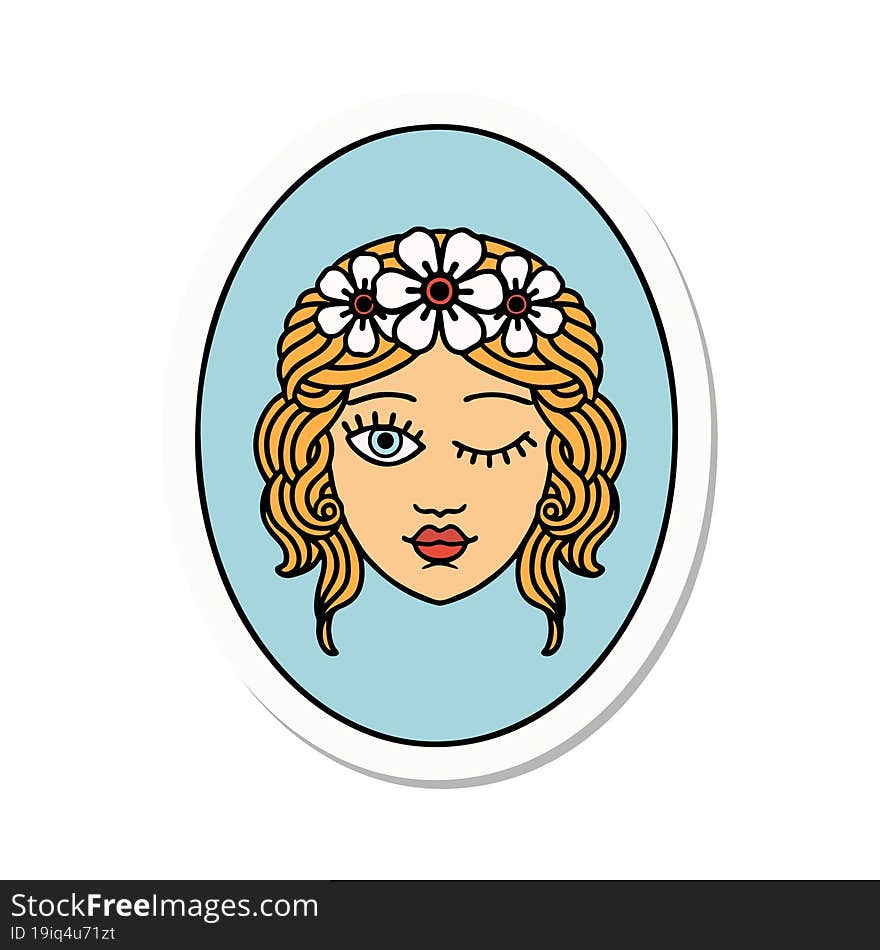 tattoo style sticker of a maiden with crown of flowers winking