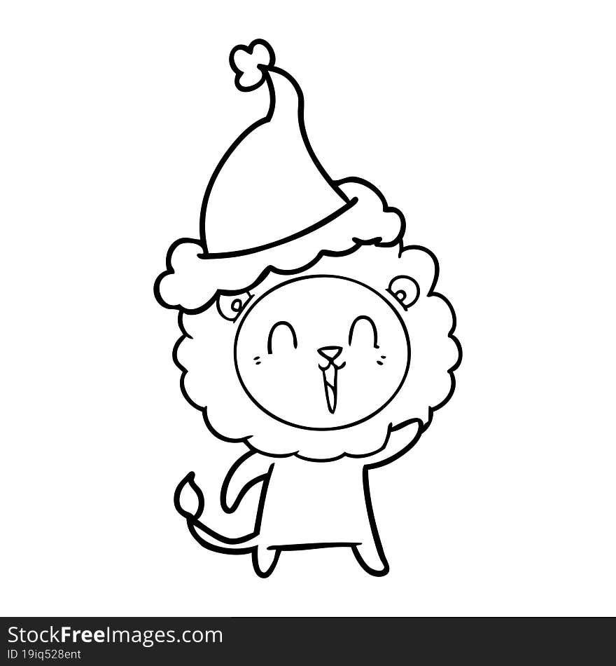 laughing lion line drawing of a wearing santa hat