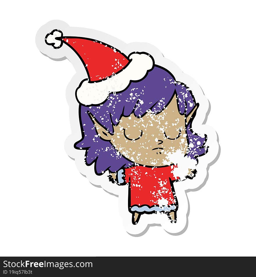 Distressed Sticker Cartoon Of A Elf Girl Wearing Santa Hat