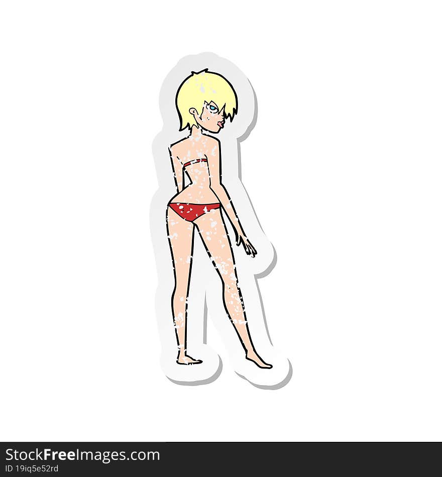 retro distressed sticker of a cartoon woman in bikini