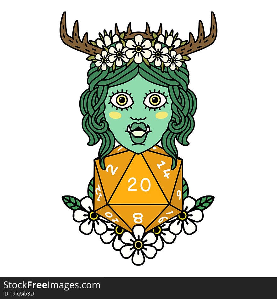 half orc druid with natural twenty dice roll illustration