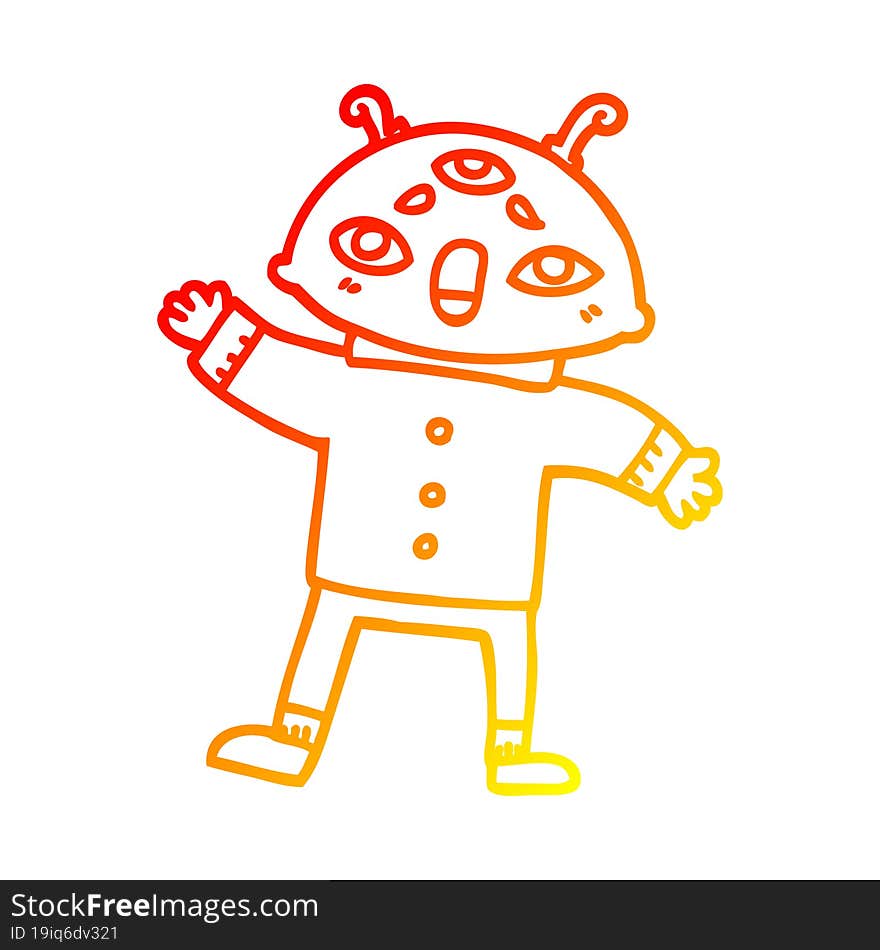 warm gradient line drawing of a cartoon alien man in sensible clothes