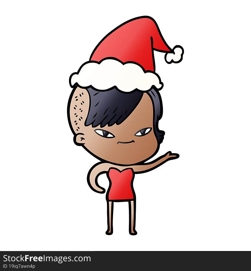 cute hand drawn gradient cartoon of a girl with hipster haircut wearing santa hat