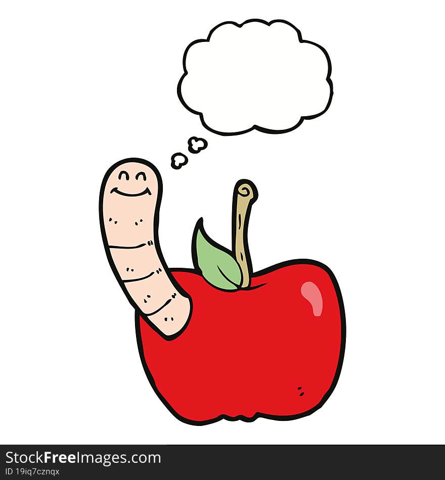 cartoon apple with worm with thought bubble