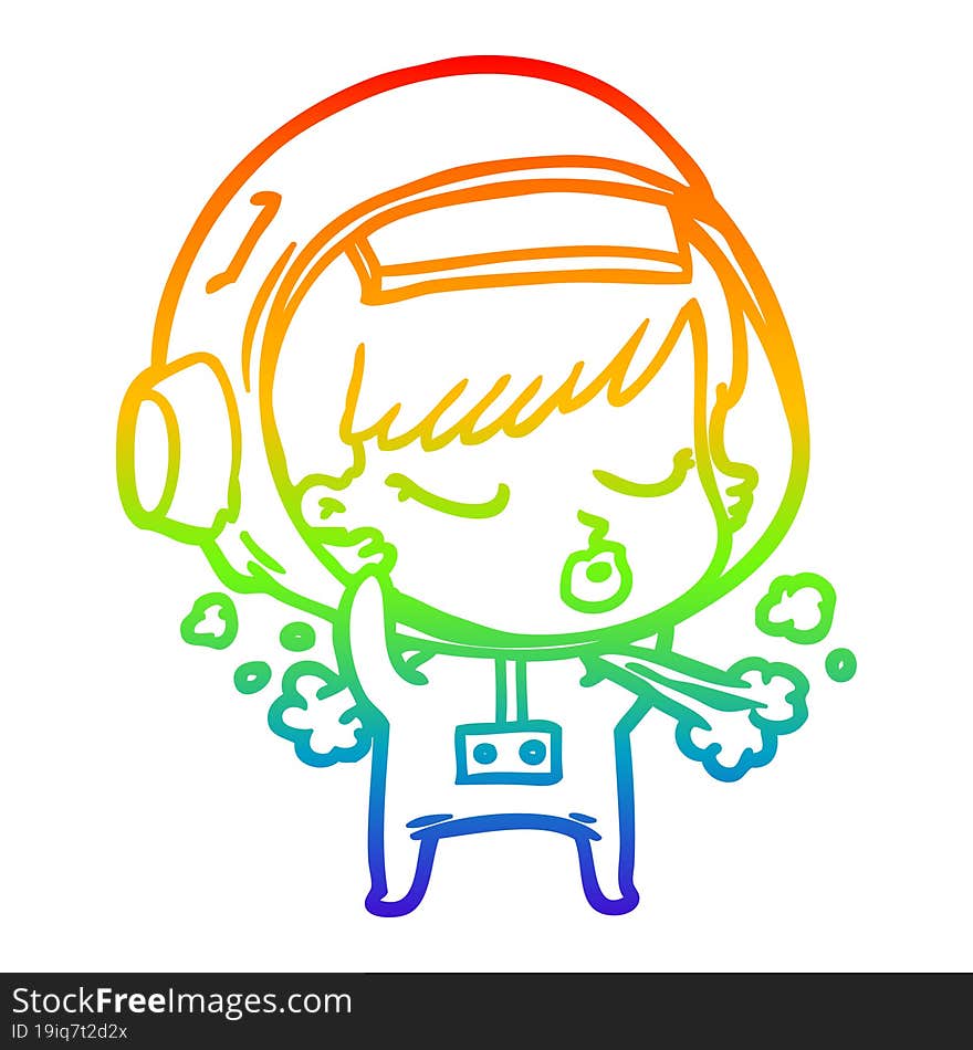 rainbow gradient line drawing of a cartoon pretty astronaut girl taking off space helmet