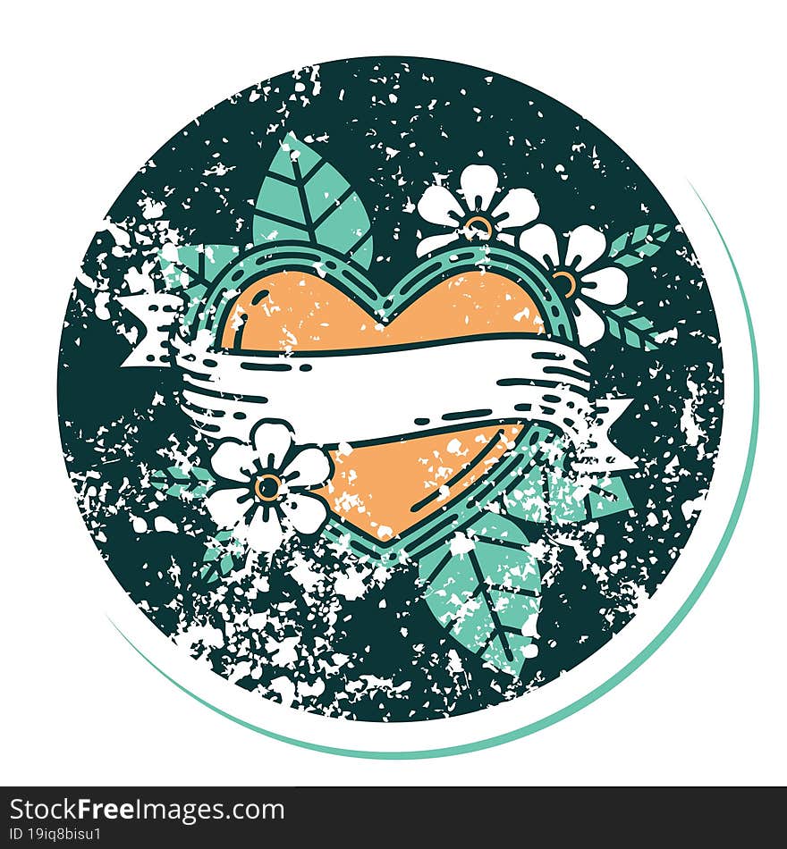 Distressed Sticker Tattoo Style Icon Of A Heart And Banner