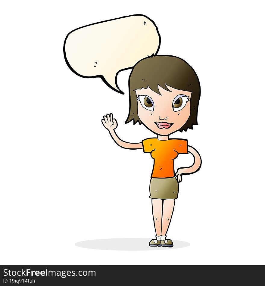 cartoon woman waving with speech bubble