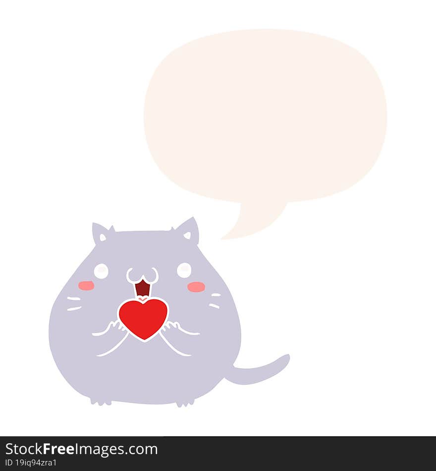 cute cartoon cat in love and speech bubble in retro style