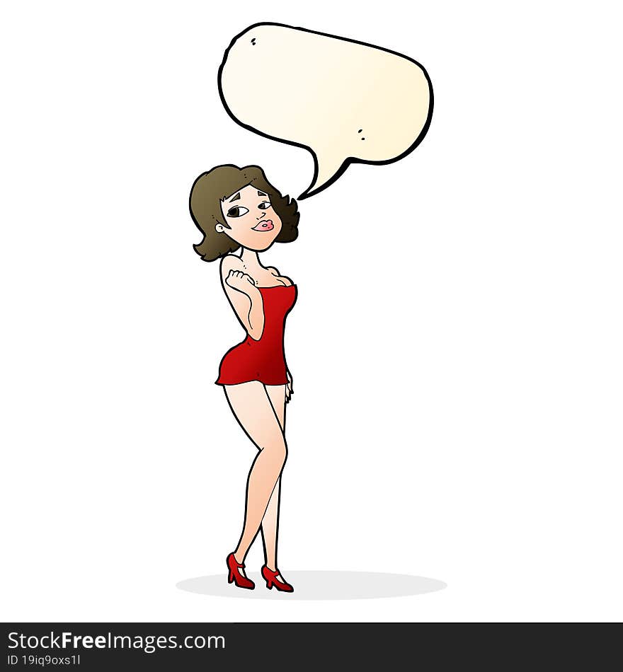 cartoon attractive woman in short dress with speech bubble