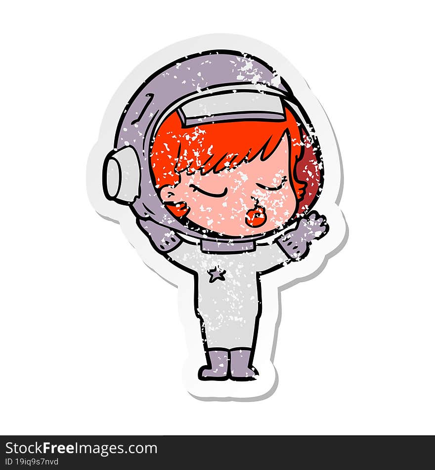 distressed sticker of a cartoon pretty astronaut girl