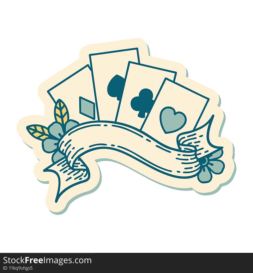 Tattoo Style Sticker Of Cards And Banner