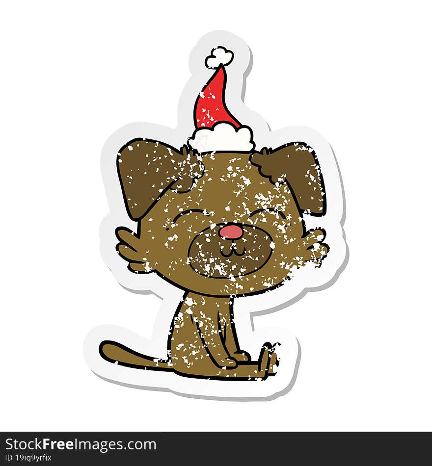 distressed sticker cartoon of a dog wearing santa hat