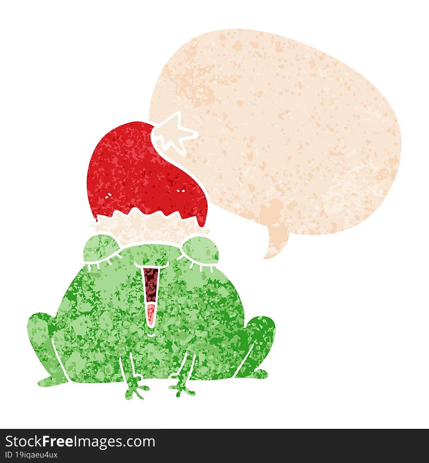 cute cartoon christmas frog and speech bubble in retro textured style