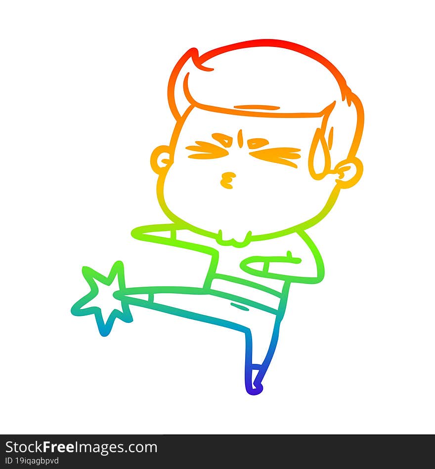 Rainbow Gradient Line Drawing Cartoon Man Sweating