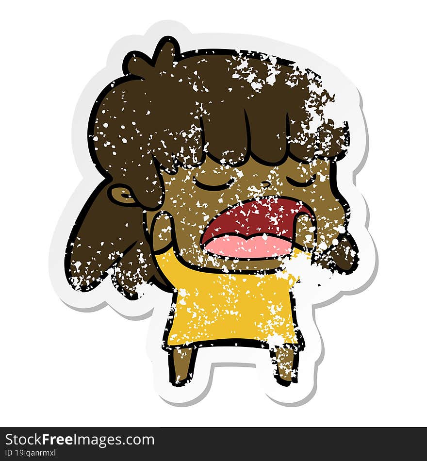 distressed sticker of a cartoon woman talking loudly