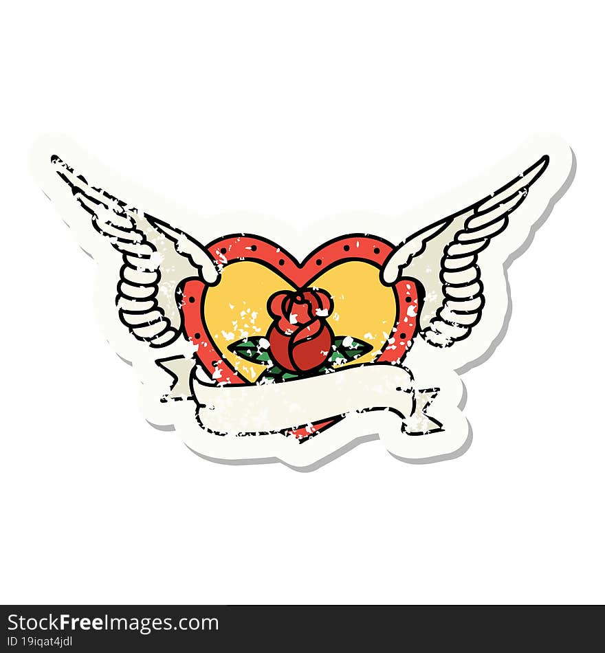 distressed sticker tattoo in traditional style of a flying heart with flowers and banner. distressed sticker tattoo in traditional style of a flying heart with flowers and banner