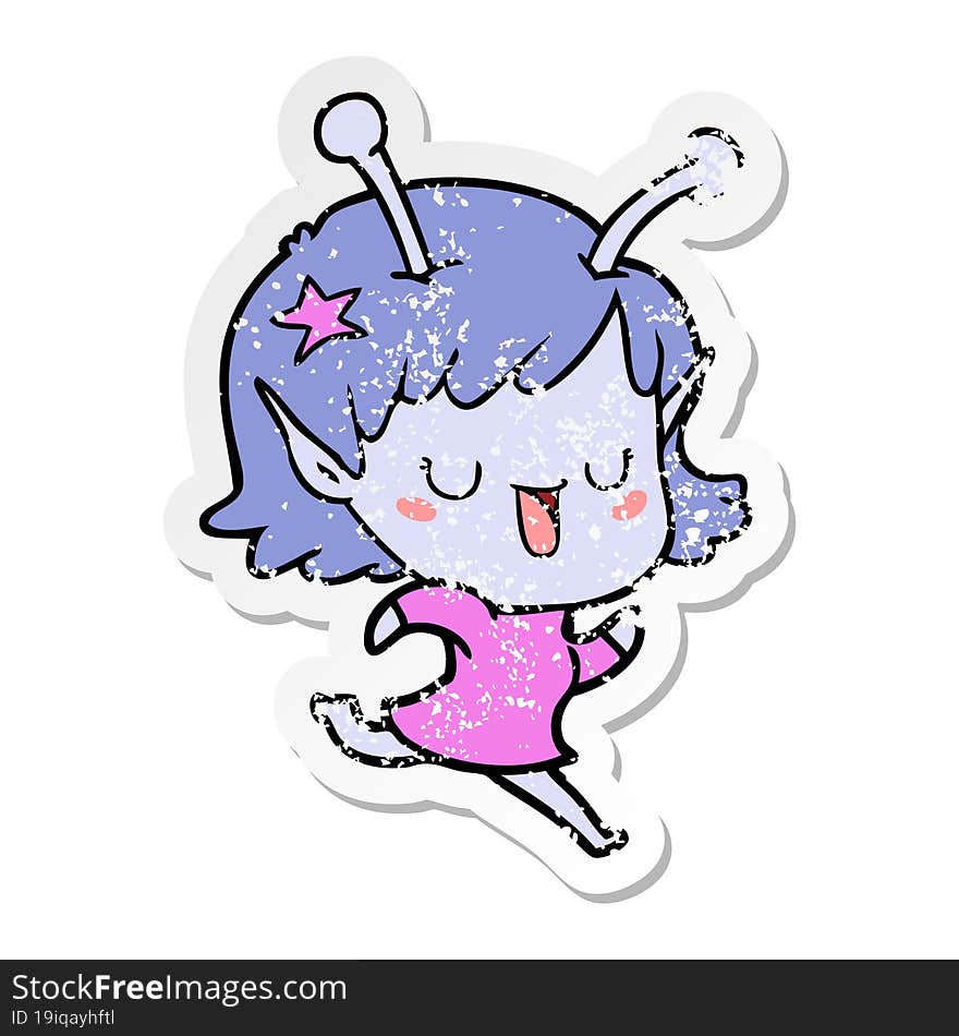 distressed sticker of a happy alien girl cartoon