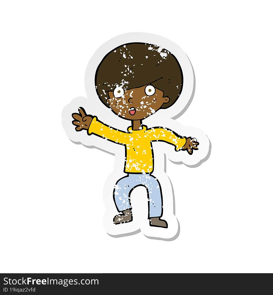 retro distressed sticker of a cartoon panicking boy