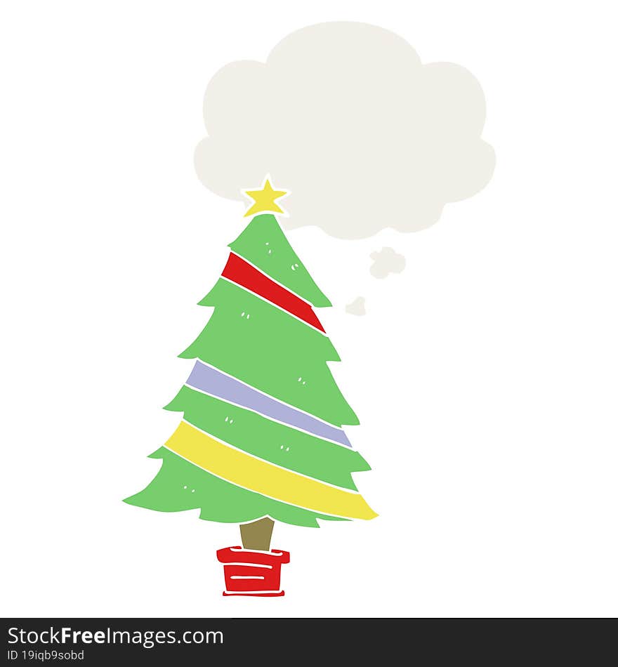 cartoon christmas tree with thought bubble in retro style