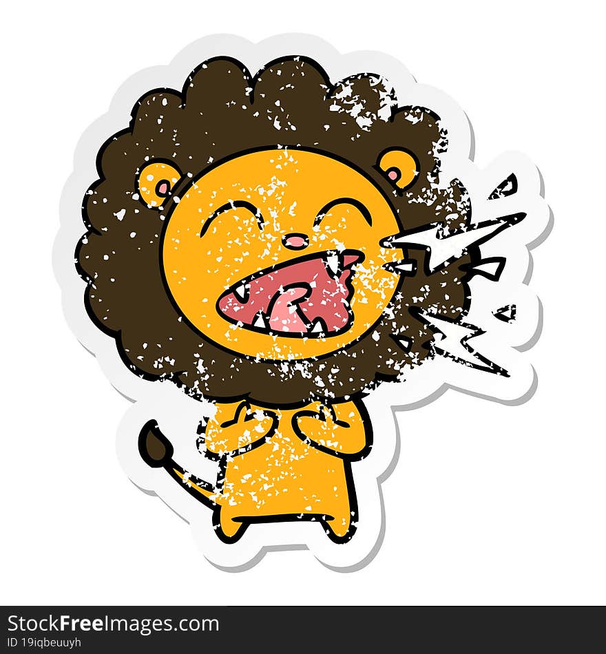 distressed sticker of a cartoon roaring lion