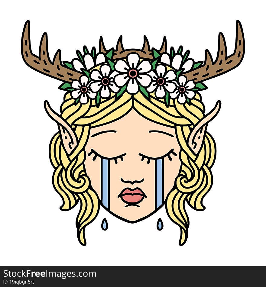 Retro Tattoo Style crying elf druid character face. Retro Tattoo Style crying elf druid character face