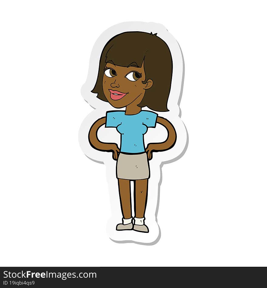 sticker of a cartoon happy woman with hands on hips