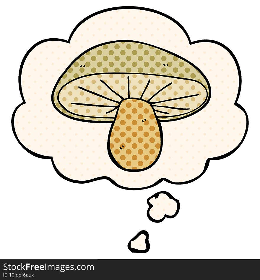 cartoon mushroom with thought bubble in comic book style