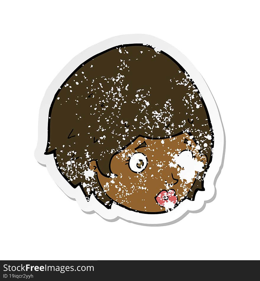 retro distressed sticker of a cartoon girl with concerned expression